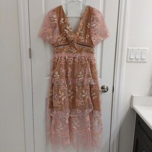 Pink Flower Mesh Tiered Midi Dress